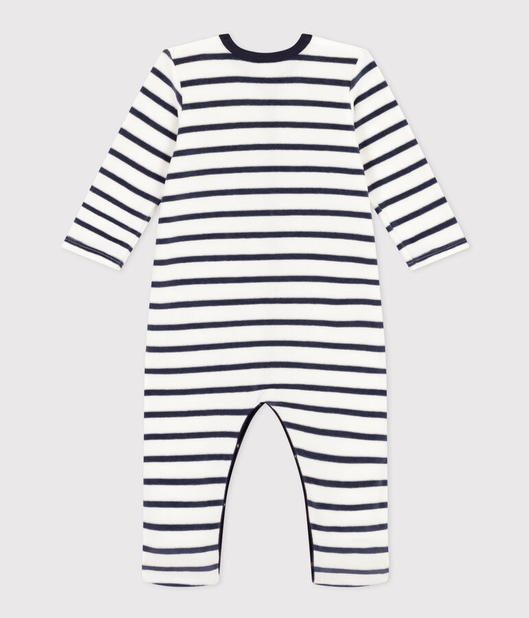Babies' Stripy Velour Pyjamas MARSHMALLOW white/SMOKING blue