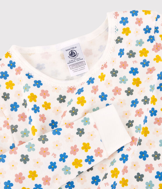 Girls' Glow-In-The-Dark Retro Floral Snugfit Cotton Pyjamas MARSHMALLOW white/MULTICO white
