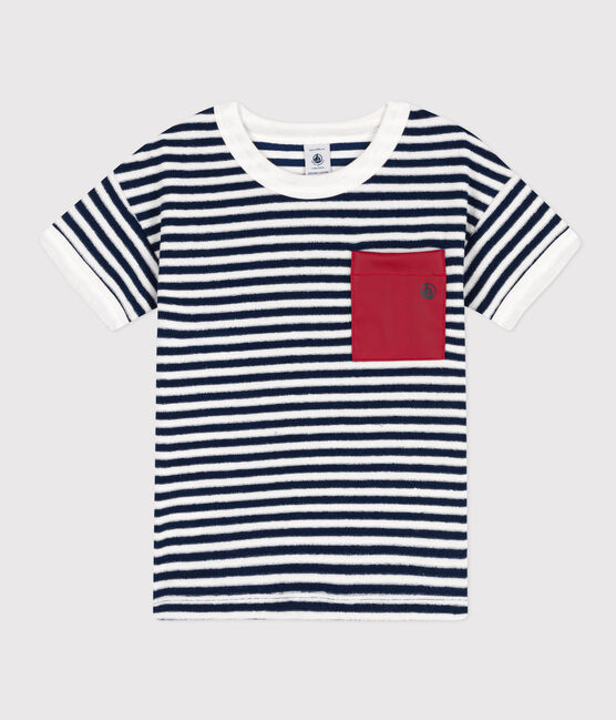 Boys' Stripy Terry Sweatshirt MEDIEVAL blue/MARSHMALLOW white