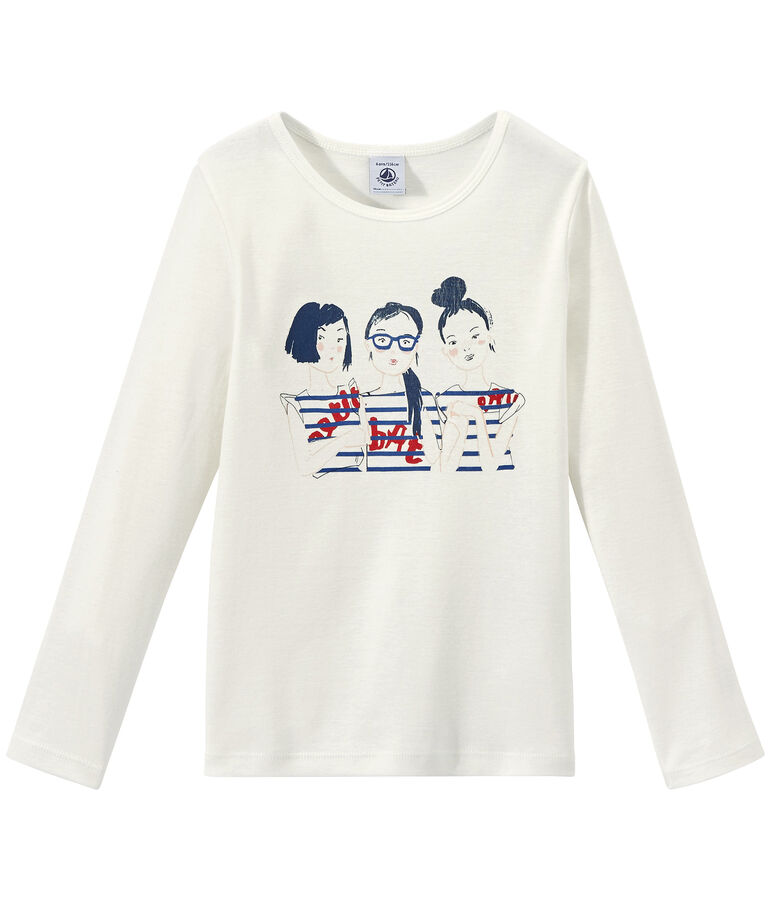Girl's long-sleeved screen print T-shirt MARSHMALLOW white