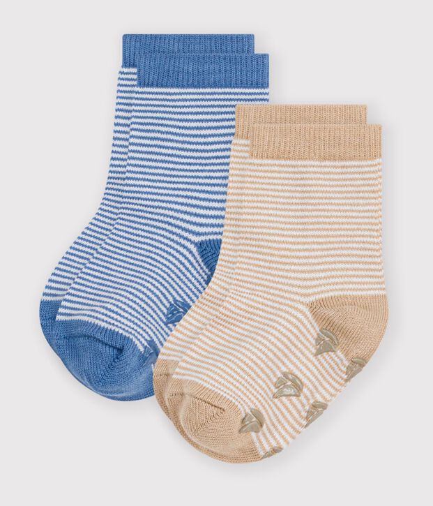Two pairs of babies' cotton socks with slip-resistant soles multicolor