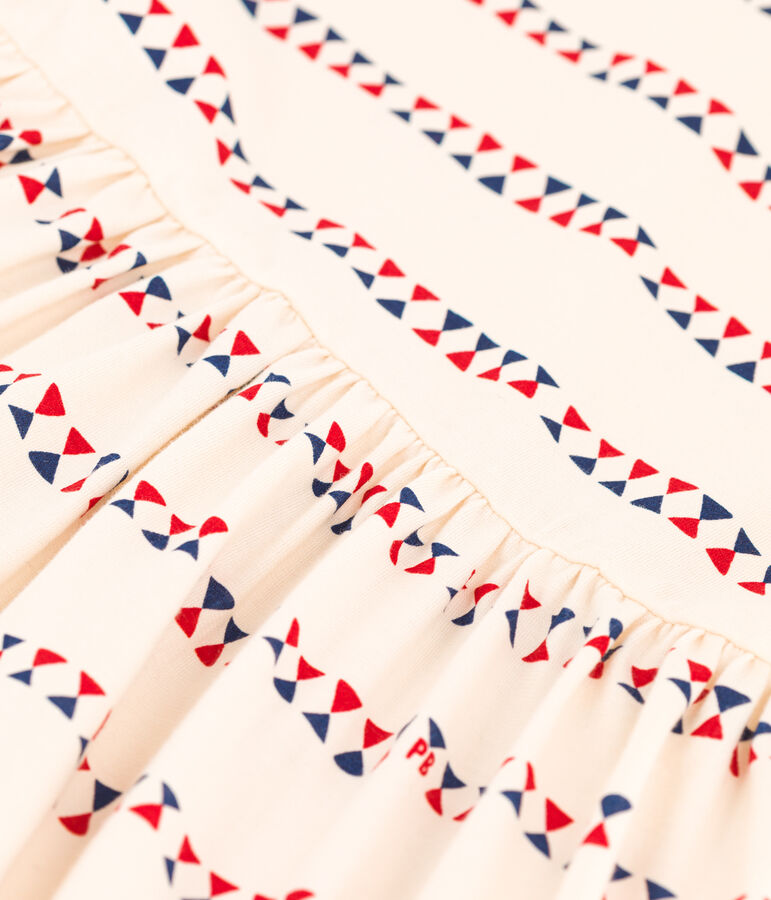 Girls' Short-Sleeved Patterned Cotton Dress Ecru/multicolor