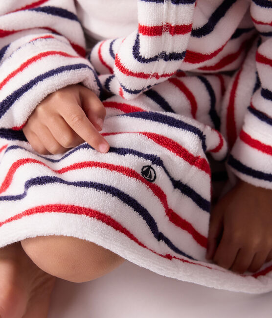 Children's stripy cotton terry bathrobe MARSHMALLOW white/MULTICO white