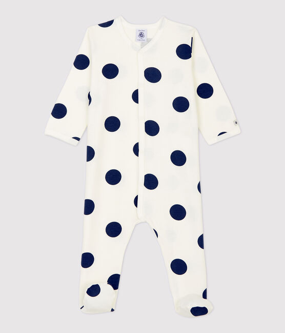 Babies' Spotted Organic Cotton Sleepsuit MARSHMALLOW white/MEDIEVAL blue