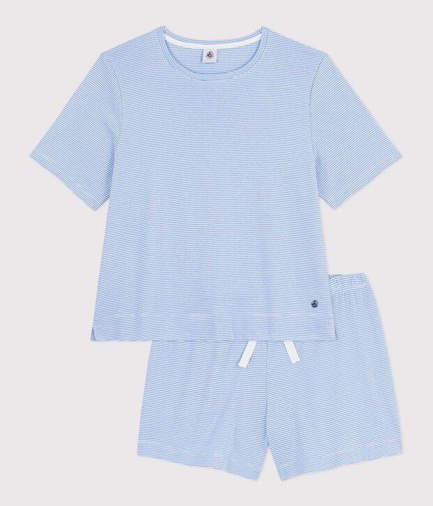 Women's short stripy cotton pyjamas blue/white