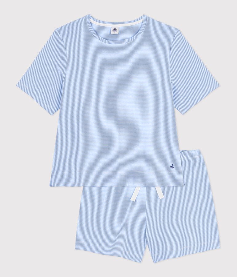 Women's short stripy cotton pyjamas blue/white