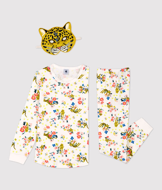 Girls' Glow in the Dark Panther Print Cotton Pyjamas MARSHMALLOW white/MULTICO white