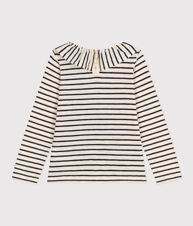 Girls' Long-sleeved Slub Jersey T-shirt Ecru/blue