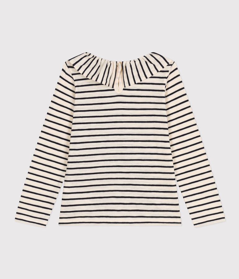 Girls' Long-sleeved Slub Jersey T-shirt Ecru/blue