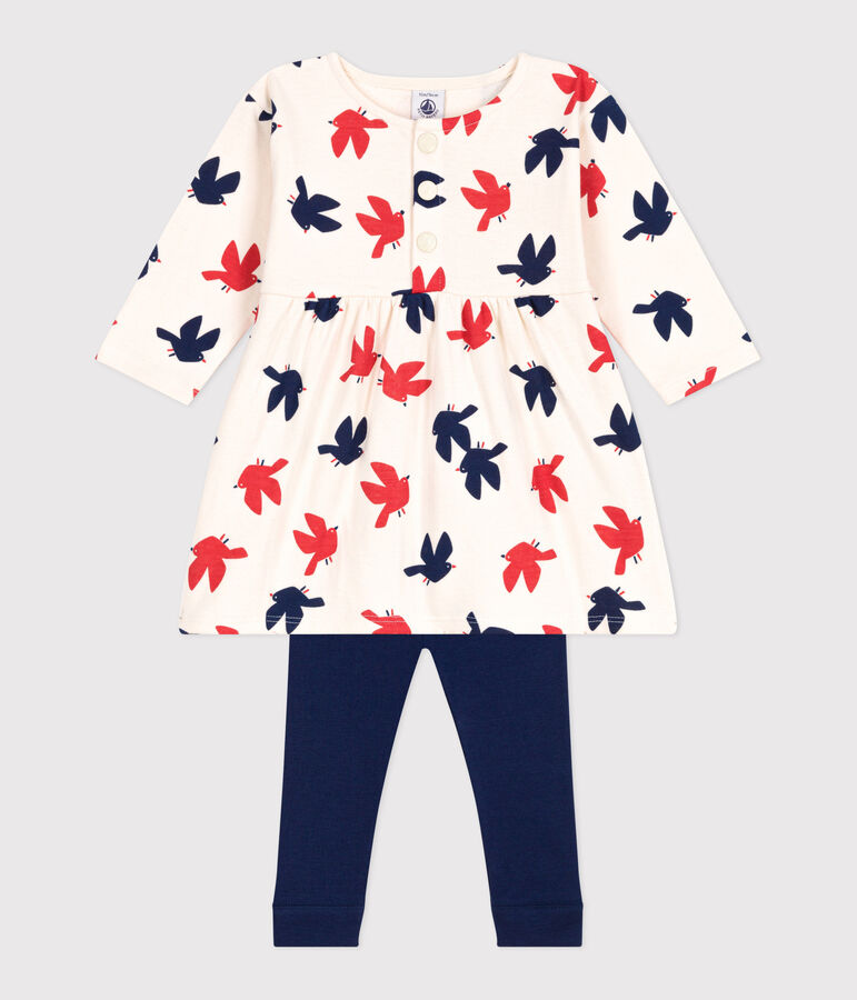 Babies' long-sleeved bird print cotton dress and leggings Ecru/multicolor