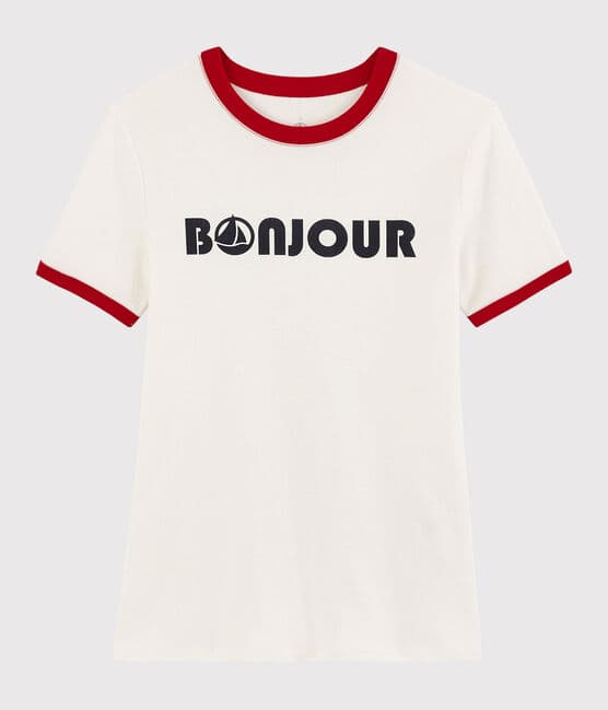 printed Bonjour T-shirt MARSHMALLOW/TERKUIT | Petit Bateau