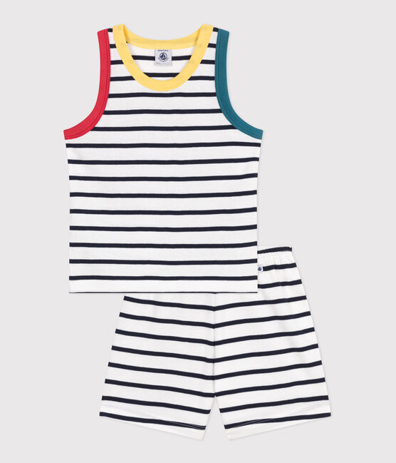 Children's short stripy tank top cotton pyjamas MARSHMALLOW white/SMOKING blue