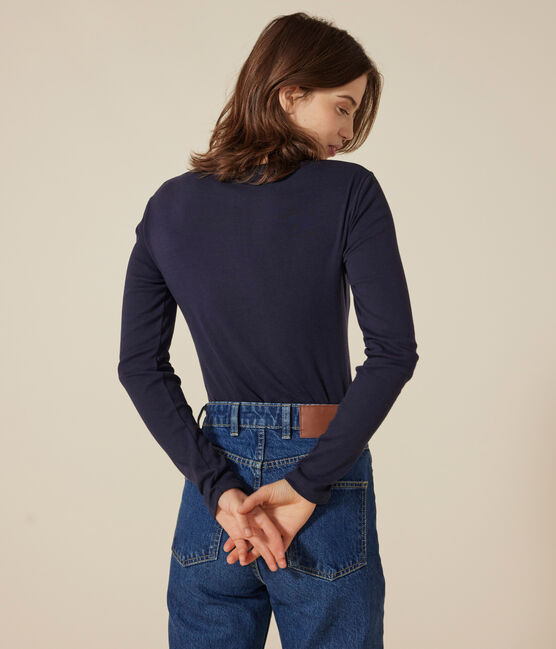 Women's iconic long-sleeved plain rib knit T-shirt SMOKING blue