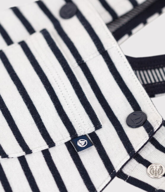 Babies' Thick Stripy Jersey Dungarees MARSHMALLOW white/SMOKING blue