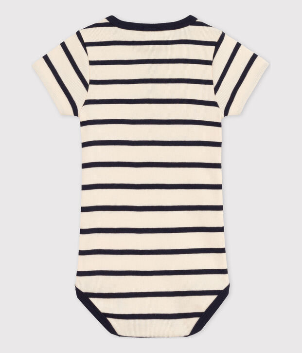 Babies' Striped Ribbed Short-Sleeved Bodysuit Ecru/blue