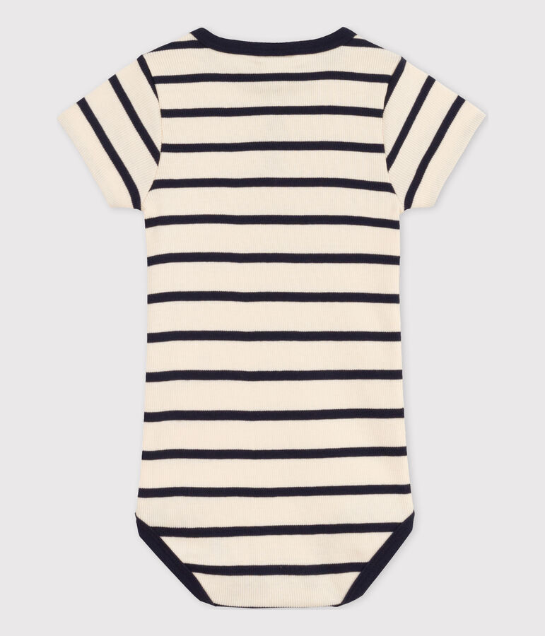 Babies' Striped Ribbed Short-Sleeved Bodysuit Ecru/blue