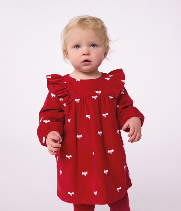 Babies' dress in velour with long sleeves and bow motif embroidery red/ecru