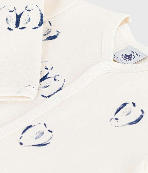 Baby brushed fleece pyjamas with a penguin animal print and petal collar Ecru/multicolor