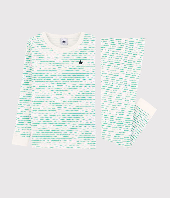 Boys' Green Snugfit Wave Print Cotton Pyjamas MARSHMALLOW white/VERT