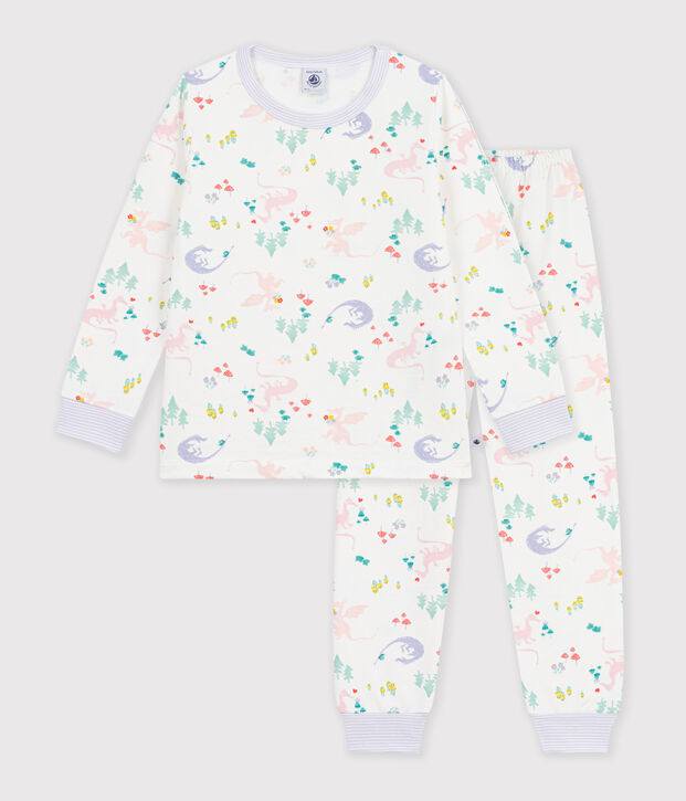 Children's pyjamas in fleece with a dragon print white/multicolor
