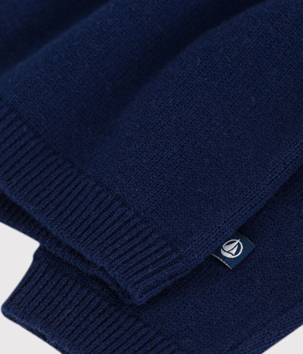 Babies' plain wool and cotton knit cardigan with a collar blue