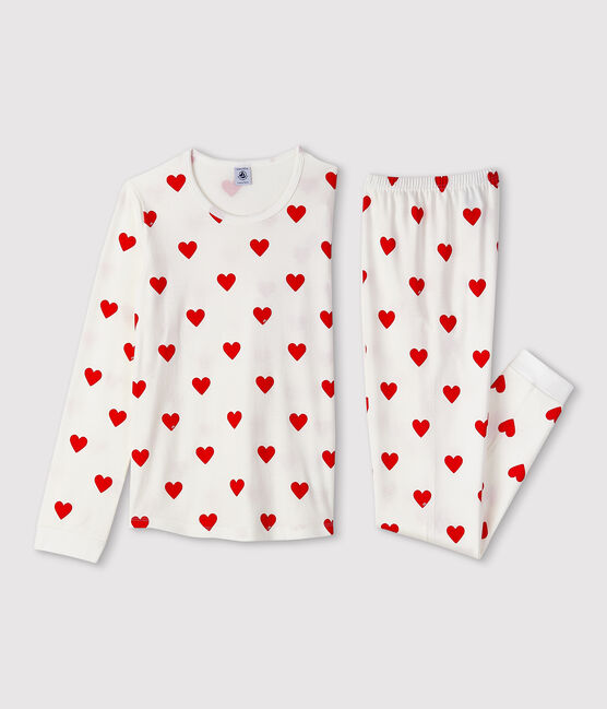 Children's hearts print ribbed pyjamas MARSHMALLOW white/TERKUIT red
