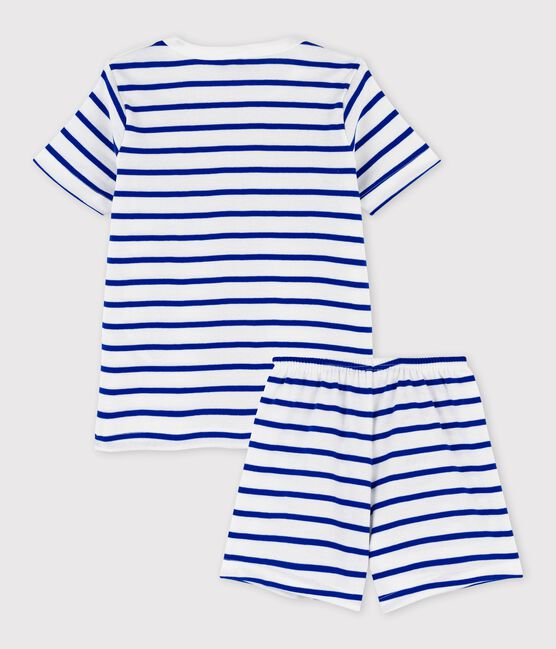 Boys' Stripy Cotton Short Pyjamas MARSHMALLOW white/SURF blue