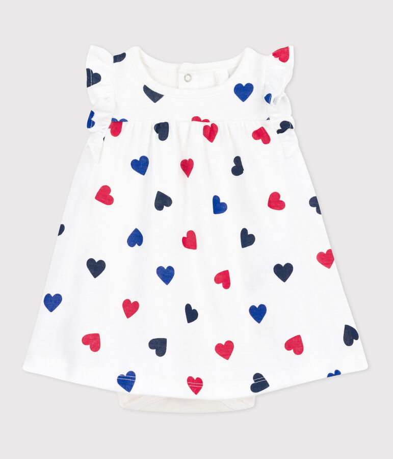 Babies' short-sleeved cotton dress with an integrated triple heart pattern body MARSHMALLOW white/MULTICO white