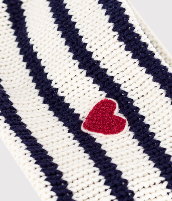 Babies' stripy fleece-lined knitted snood MARSHMALLOW blue/SOIR