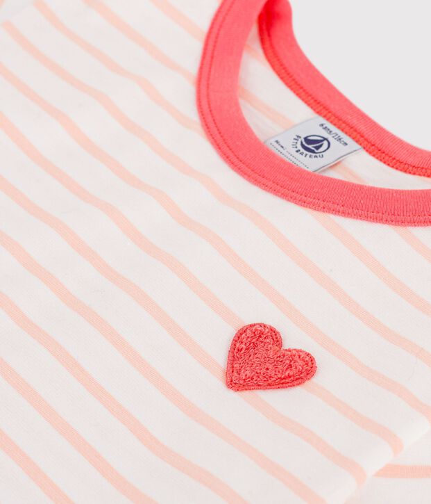 Children's short-sleeved stripy cotton T-shirt pink/orange