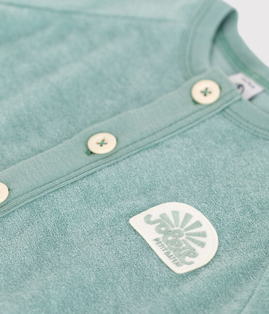 Babies' short-sleeved plain cotton towelling playsuit with a badge PAUL green