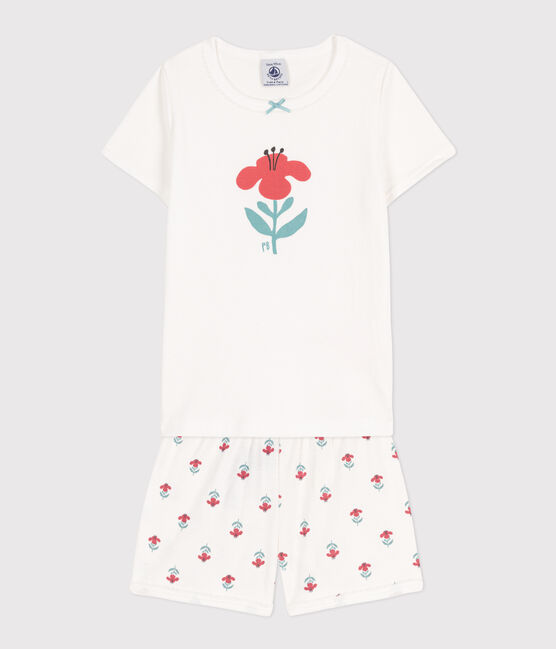 Girls' Floral Cotton Short Pyjamas MARSHMALLOW white/MULTICO white