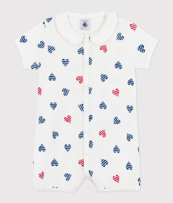 Babies' short stripy cotton jumpsuit with heart collar MARSHMALLOW white/MULTICO white