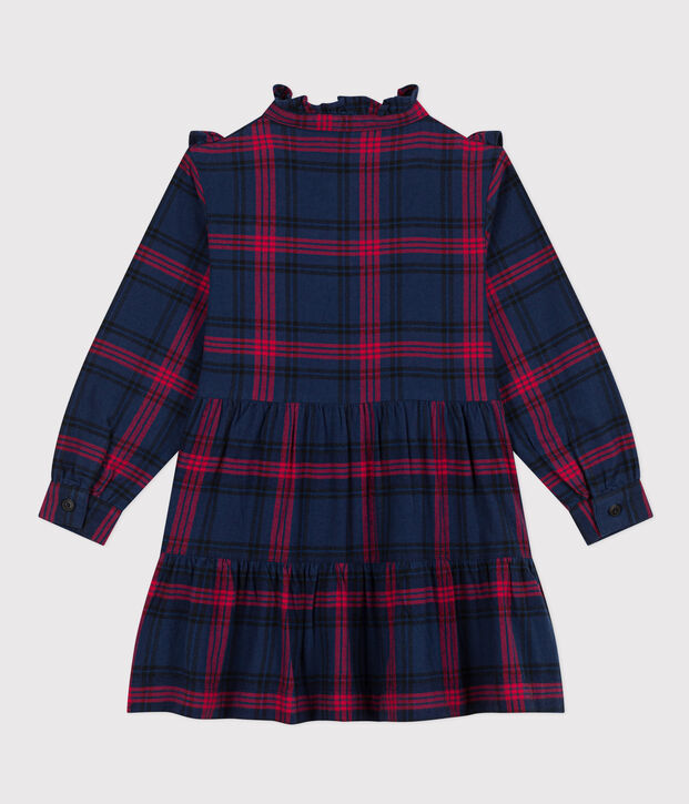 Girls' long-sleeved checked dress in checked cotton flannel blue/multicolor
