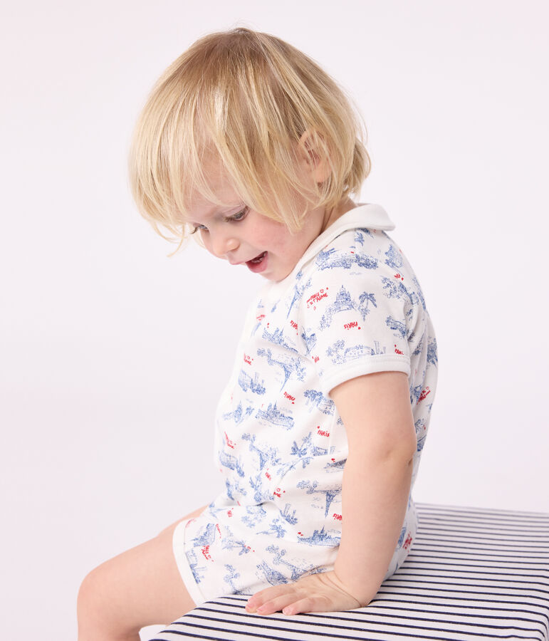 Babies' Paris print cotton playsuit with a collar white/multicolor