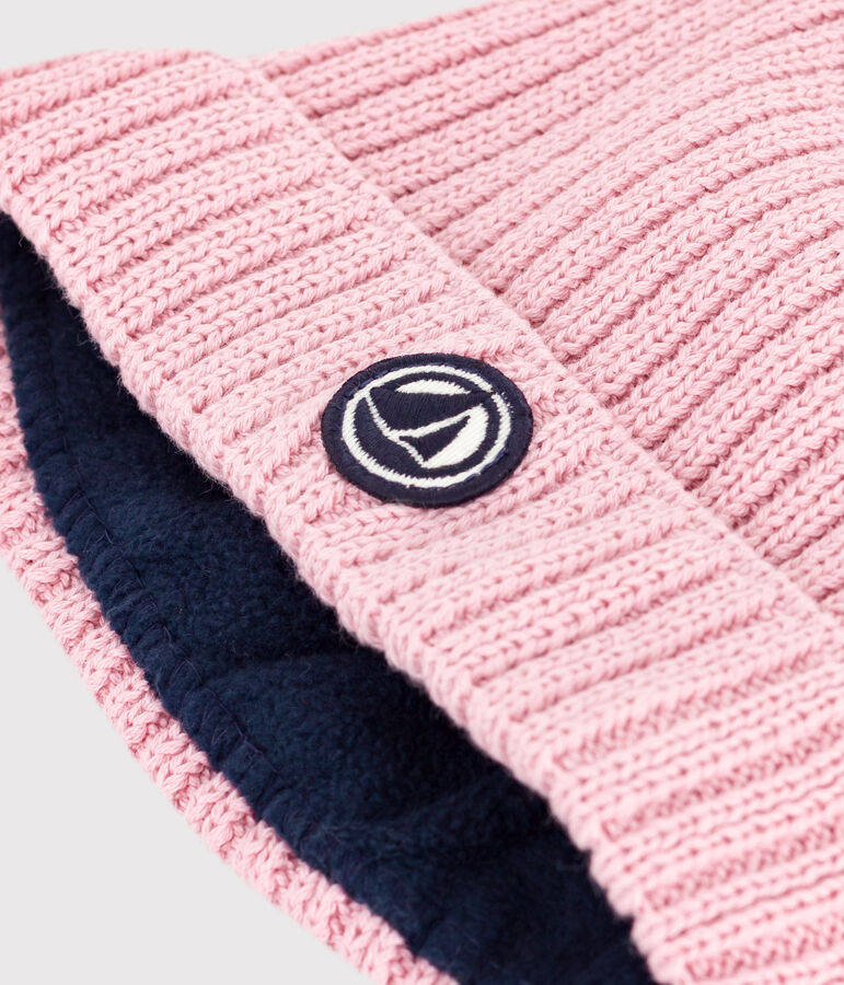 Babies' knitted beanie with a fleece lining pink