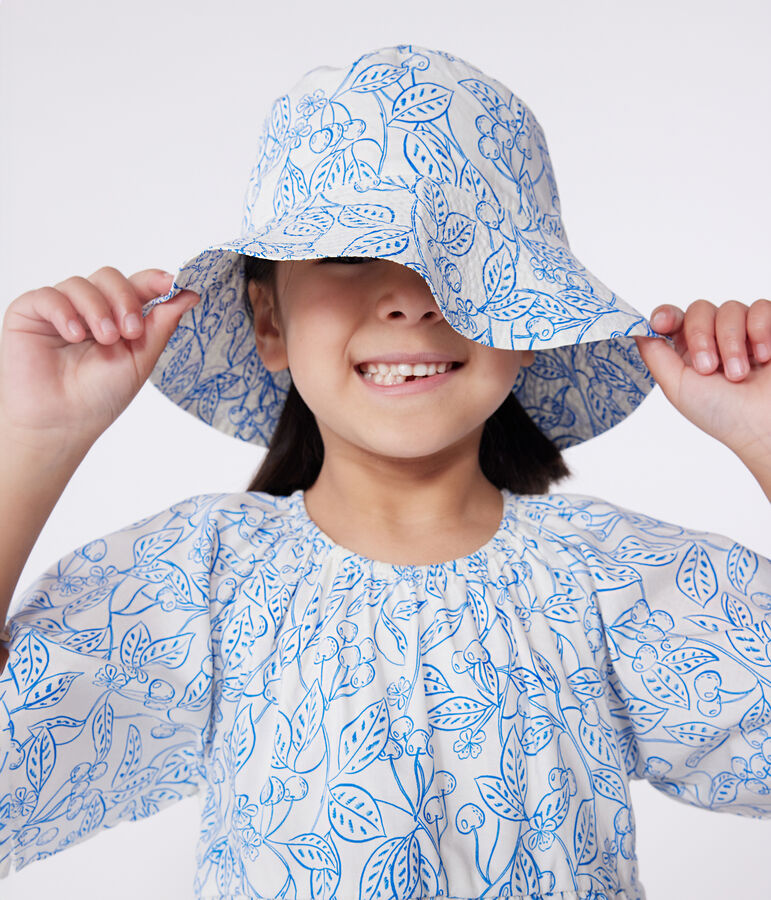 Girls' printed poplin hat white/blue