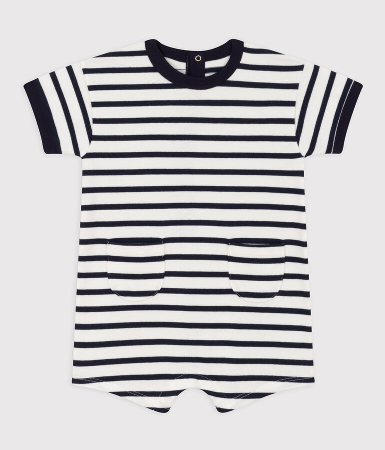 Babies' Thick Jersey Striped Playsuit MARSHMALLOW white/SMOKING blue