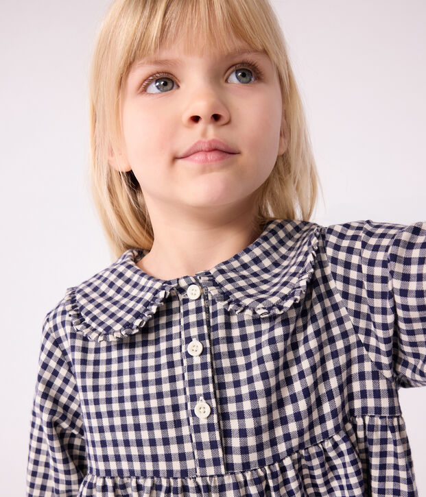 Children's long-sleeved checked flannel dress blue/ecru