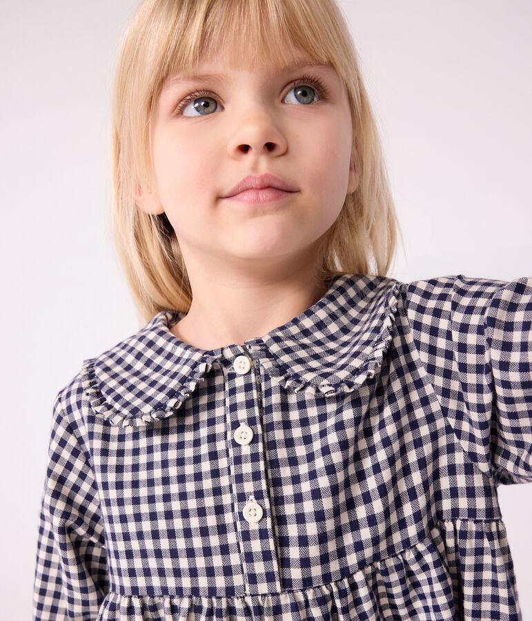 Children's long-sleeved checked flannel dress blue/ecru