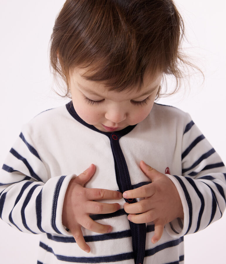 Babies' Stripy Velour Pyjamas MARSHMALLOW white/SMOKING blue