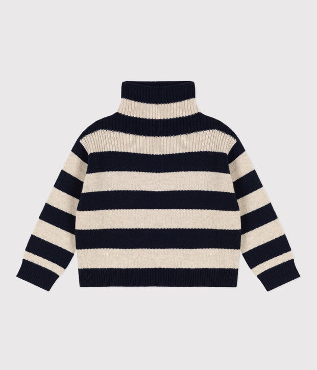 Boys' wool and cotton knit jumper blue/ecru