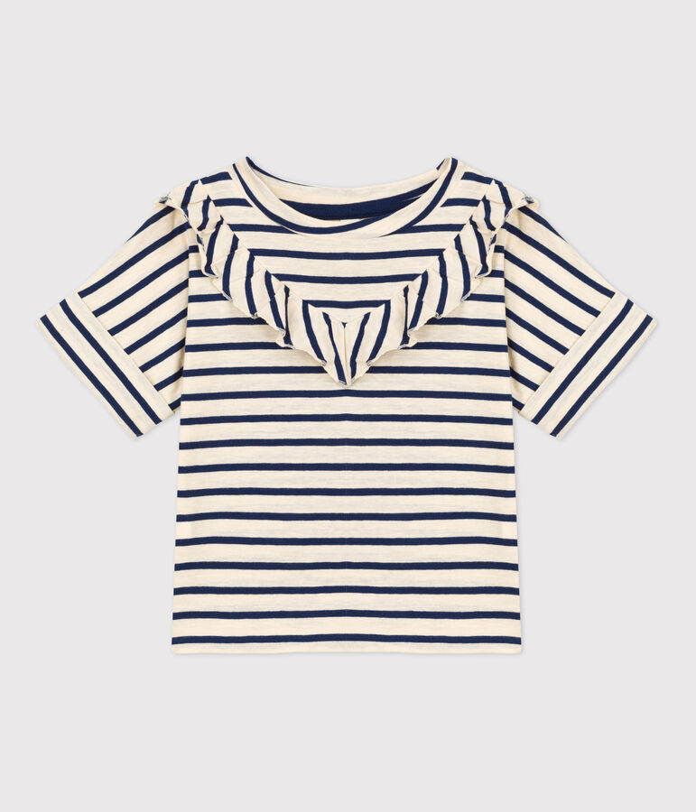 Girls' Short-Sleeved Cotton T-Shirt Ecru/blue