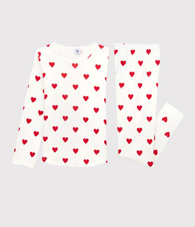 Girls' Heart Print Ribbed Pyjamas MARSHMALLOW white/TERKUIT red