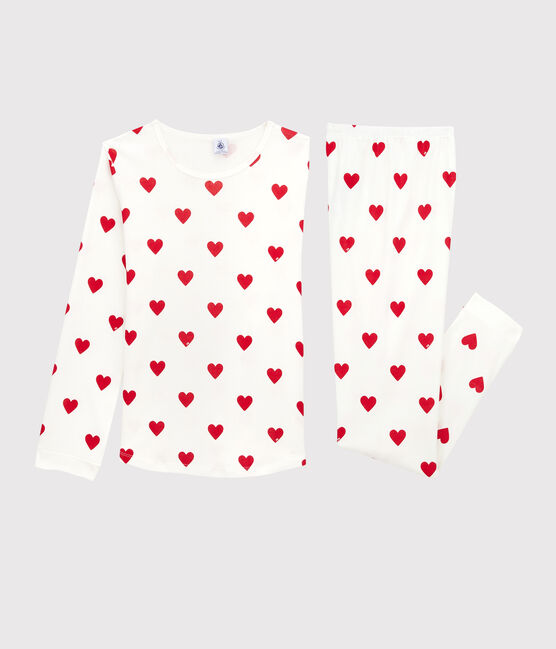 Girls' Heart Print Ribbed Pyjamas MARSHMALLOW white/TERKUIT red