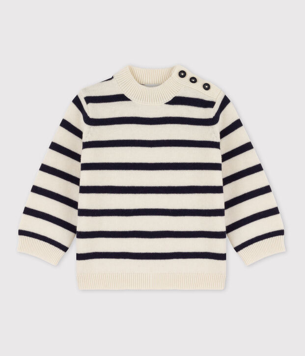 Babies' Cotton/Wool Breton Pullover white/blue