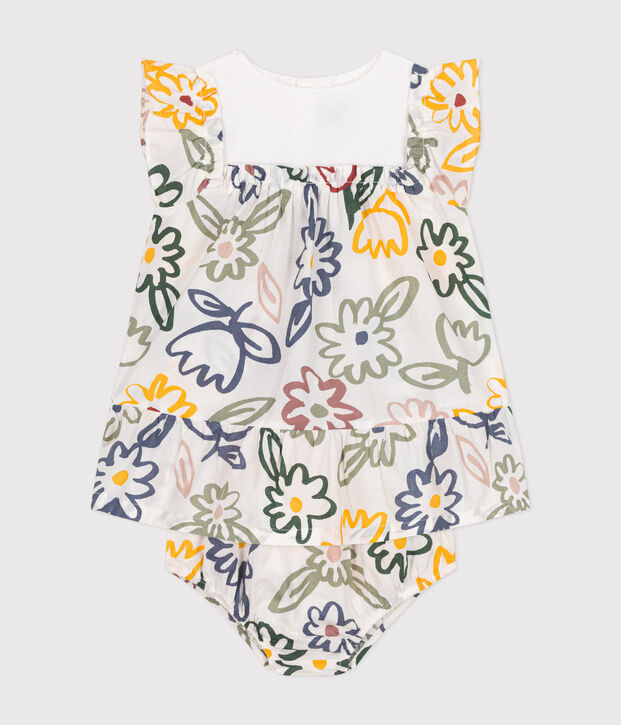 Babies' short-sleeved dress with poplin bloomers white/multicolor