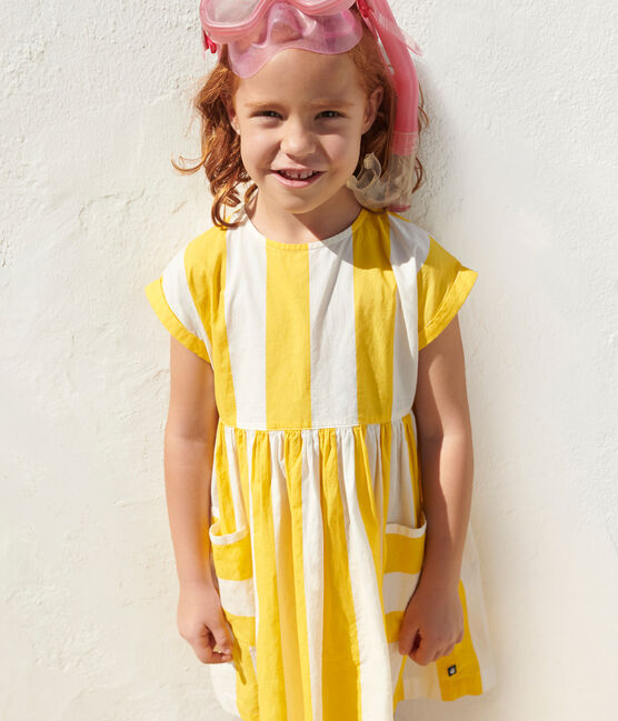 Children's short-sleeved stripy cotton dress MARSHMALLOW white/ORGE