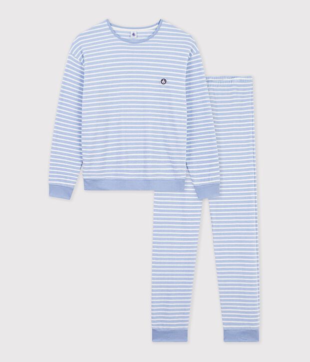 Women's stripy cotton terry pyjamas blue/ecru
