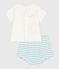 Newborn babies' two-piece cotton set with a stripy bottom half MARSHMALLOW blue/AQUATIC